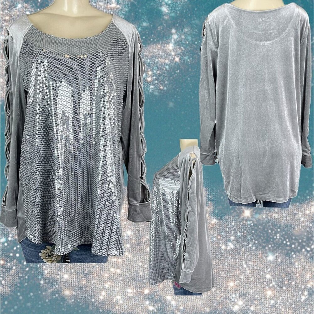 Roaman's +22/24 Gray Scoop Neck Sequin Front Velour Back Long Caged‎ Sleeve Top